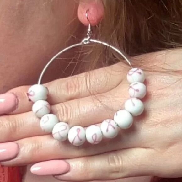 Handmade Breast Cancer Awareness Hoop Earrings - Picture 3 of 4